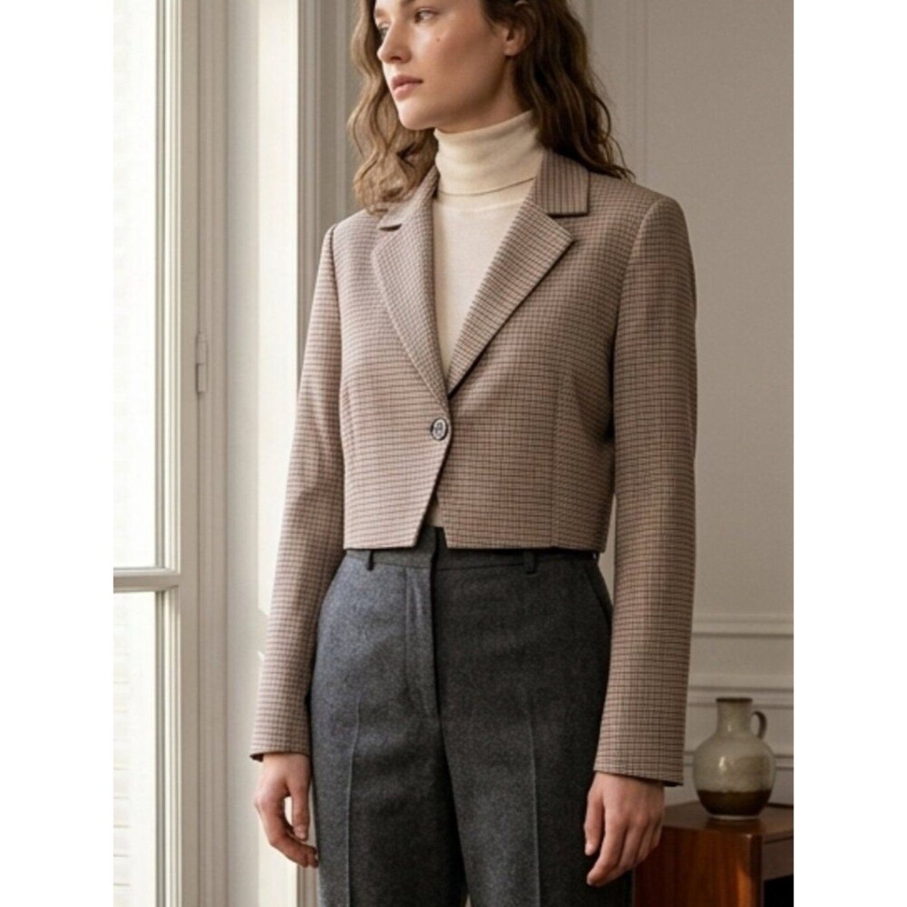 House Of Harlow Womens Cropped Houndstooth Blazer Jacket Taupe Size Small